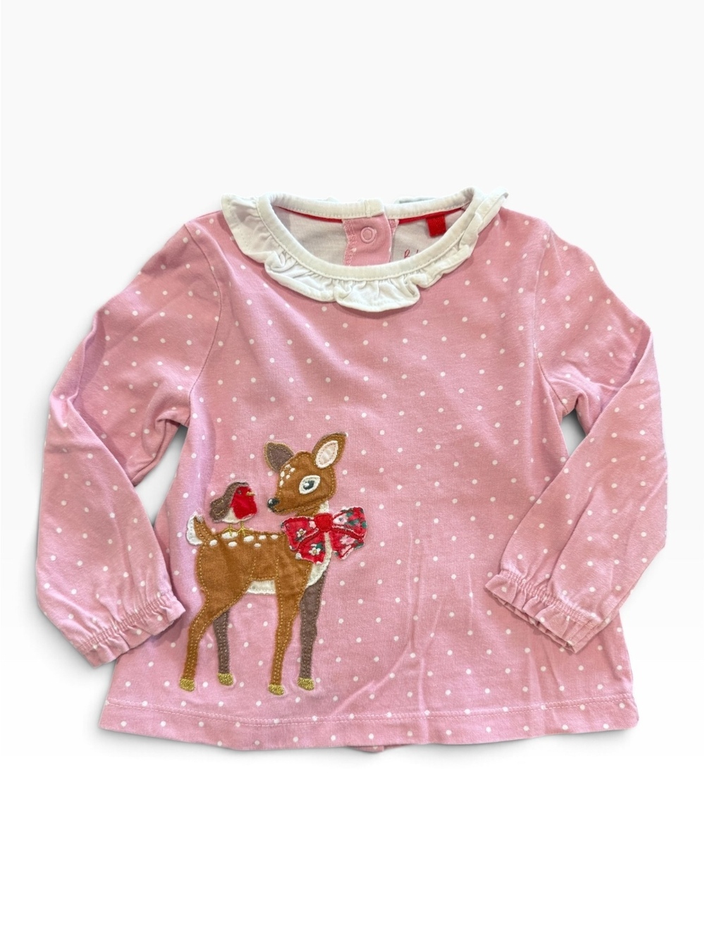 Baby Boden Pink Polka Dot Long Sleeve Top with Deer and Bird Applique, Size 12-